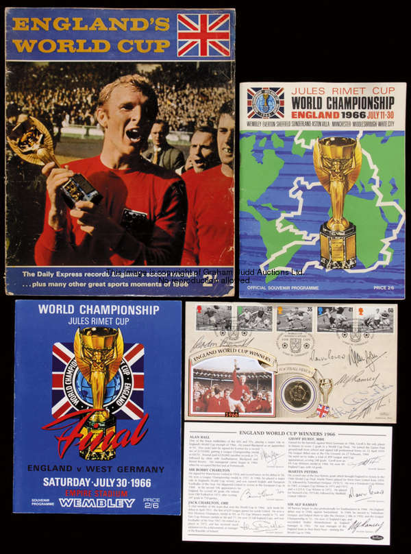 1966 World Cup memorabilia, including a framed Wembley Venue of Legends postal cover signed by eight...