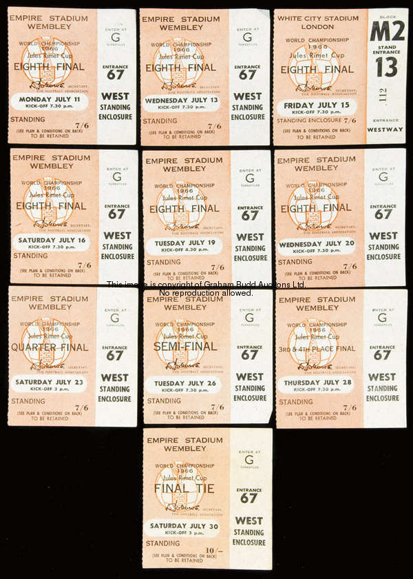 A set of 10 1966 World Cup ticket stubs, for all the matches played in London, 6 x 1/8f, 1/4f, s/f, ...