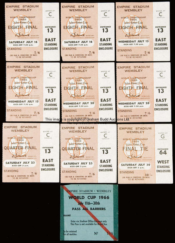 Nine 1966 World Cup ticket stubs, Wembley matches, pairs for the 13th, 16th & 20th July 1/8f's, a pa...