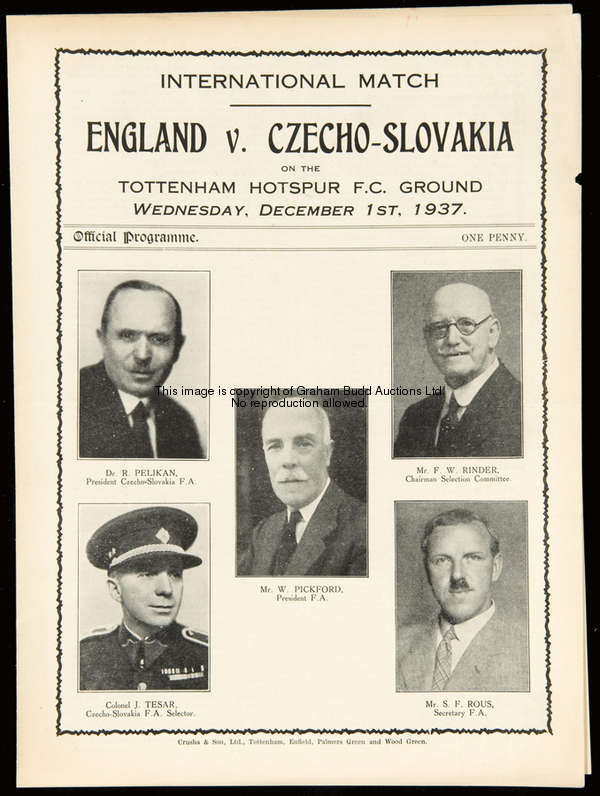 England v Czechoslovakia international programme played at White Hart Lane 1st December 1937