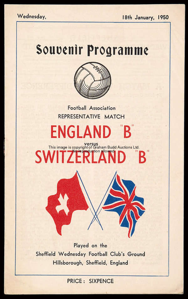 A collection of 14 England 'B' programmes, including homes v Switzerland 18.1.50, Holland 22.2.50, G...