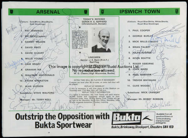 Three autographed programmes, a 1978 F.A. Cup final programme signed in biro on the line-up page by ...