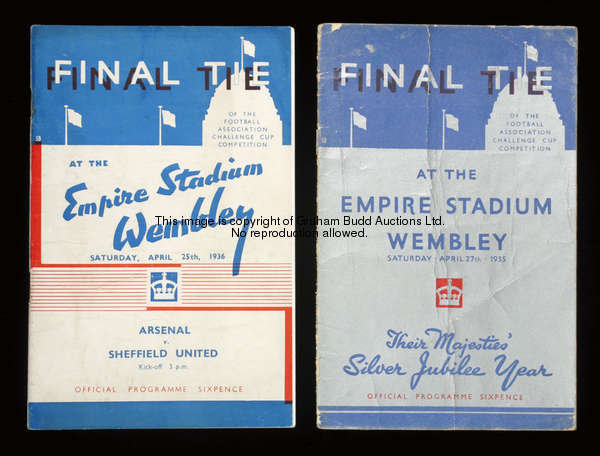 Two F.A. Cup final programmes, Sheffield Wednesday v West Bromwich Albion 27th April 1935 & Arsenal ...