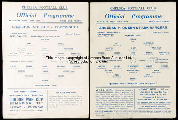 Two War Cup semi-final programmes played at Stamford Bridge, Charlton Athletic v Portsmouth 25.4.194...