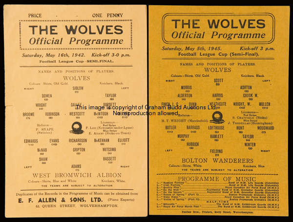 Two War Cup semi-final programmes played at Molineux, Wolverhampton Wanderers v West Bromwich Albion...