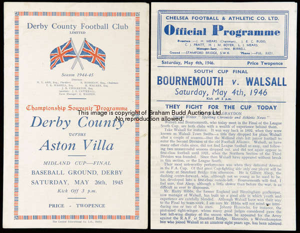 Two War Cup final programmes, Midland Cup, Derby County v Aston Villa played at the Baseball Ground ...