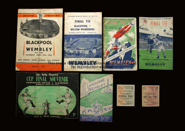 Blackpool F.A. Cup final programmes and ticket stubs, comprising programmes for the 1948, 1951 & 195...