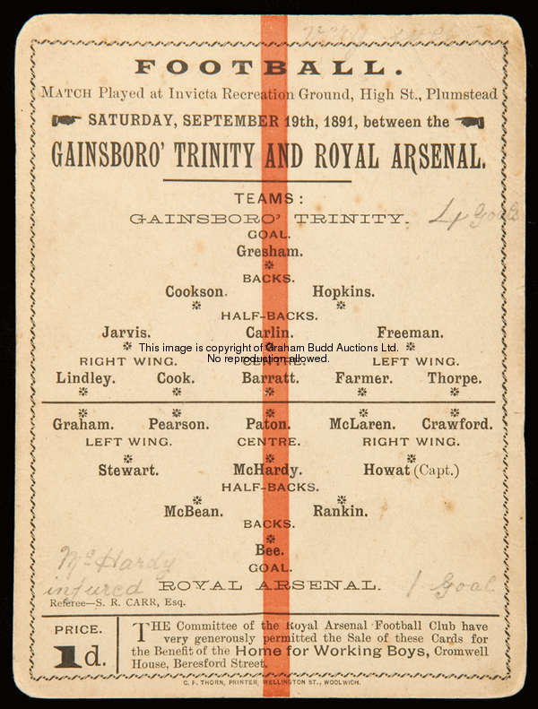 A rare Royal Arsenal v Gainsborough Trinity match card played at the Invicta Recreation Ground Plums...