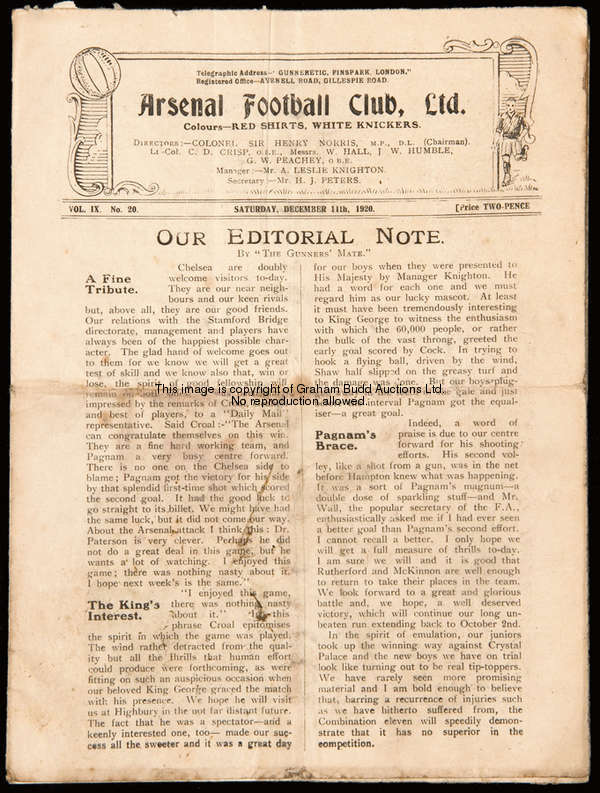 Arsenal v Chelsea programme 11th December 1920