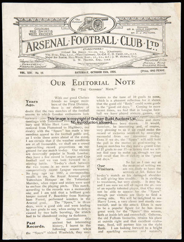 Arsenal v Tottenham Hotspur programme 25th October 1924