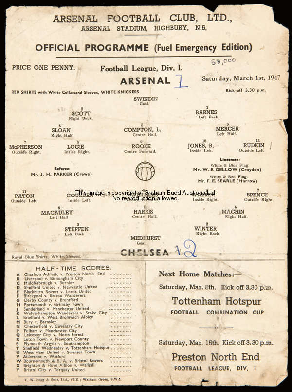 Arsenal v Chelsea (Fuel Emergency Edition) single-sheet programme 1st March 1947