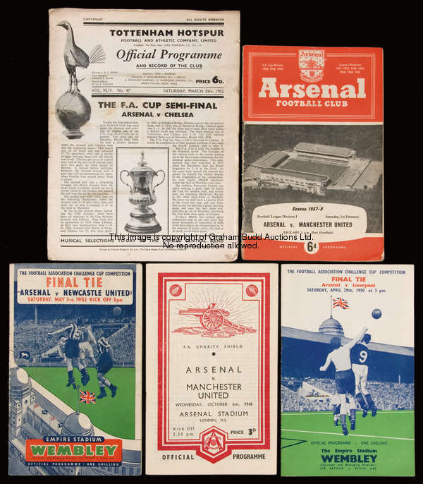 Five Arsenal programmes, the 1948 Charity Shield v Manchester United, the 1952 F.A. Cup s/f v Chelse...