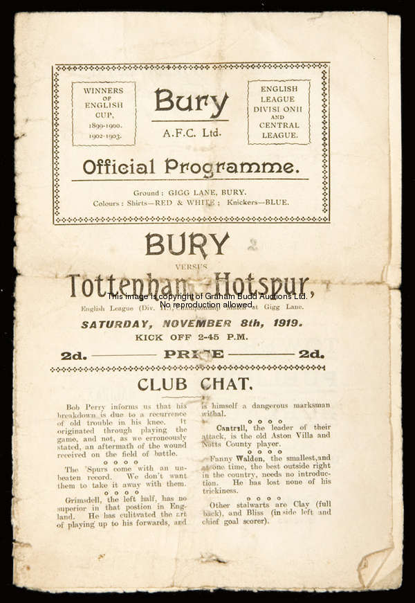 Bury v Tottenham Hotspur programme 8th November 1919