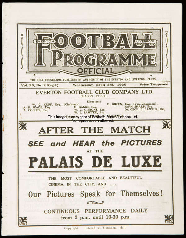 Six 1930s Everton home programmes, season 1930-31 v Preston, Bury & a combined programme v Bradford ...