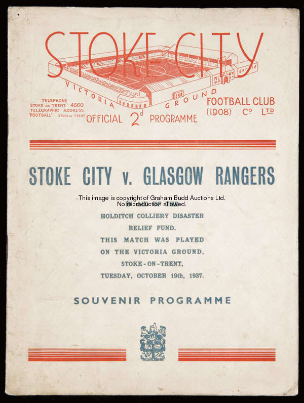 Stoke City v Glasgow Rangers programme in aid of the Holditch Colliery Disaster Relief Fund played a...