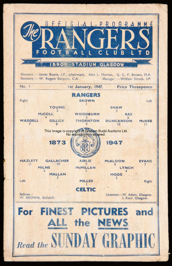 9 Glasgow Rangers programmes season 1946-47, comprising all 8 homes issued including No.1, the Hibs ...