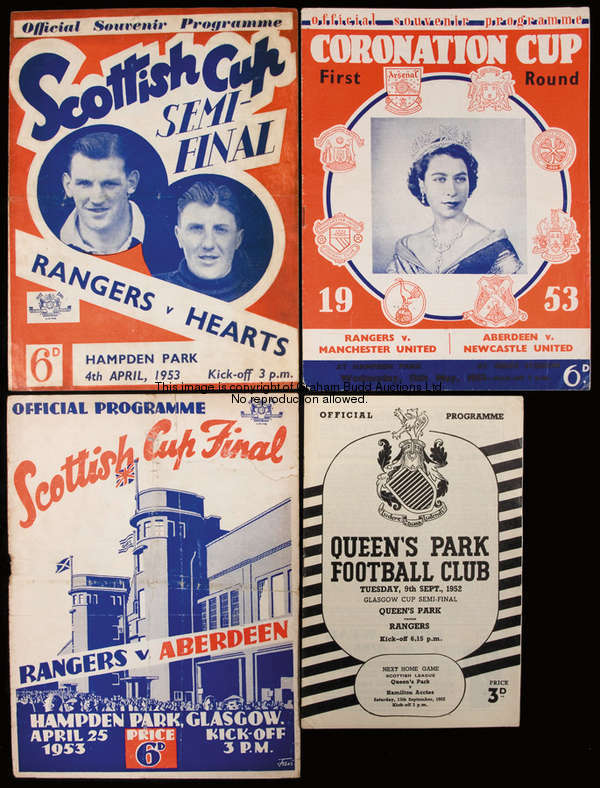 22 Glasgow Rangers programmes seasons 1952-53, comprising 15 homes, 4 aways at Hearts (two, League &...