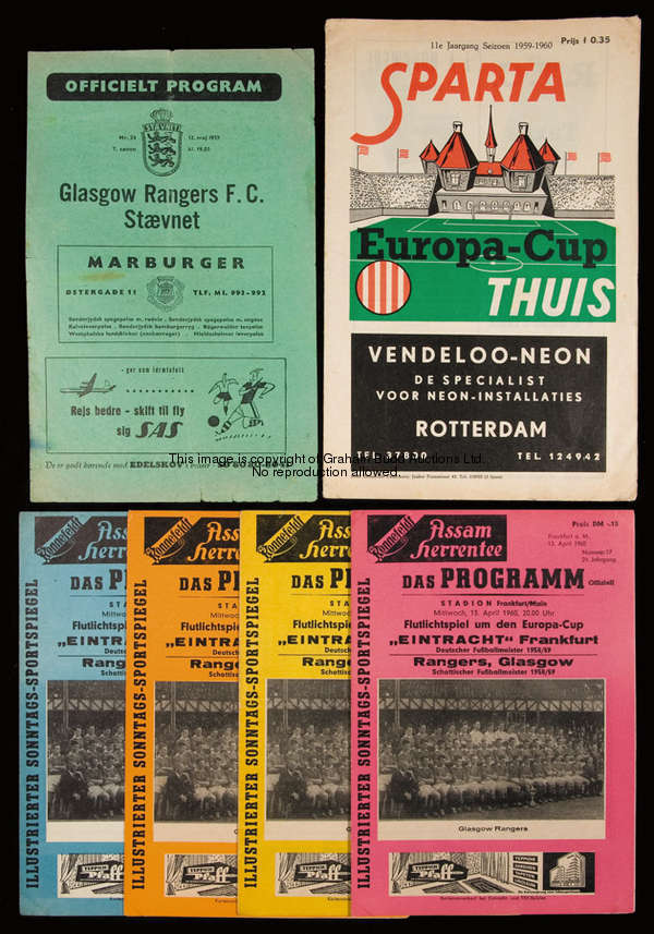 6 Glasgow Rangers programmes away in Europe, comprising: season 1958-59, Staevenet; 1959-60, Sparta ...