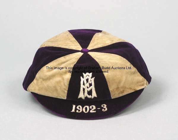 A purple & white F.A. international trial cap season 1902-03 inscribed F.A., 1902-3