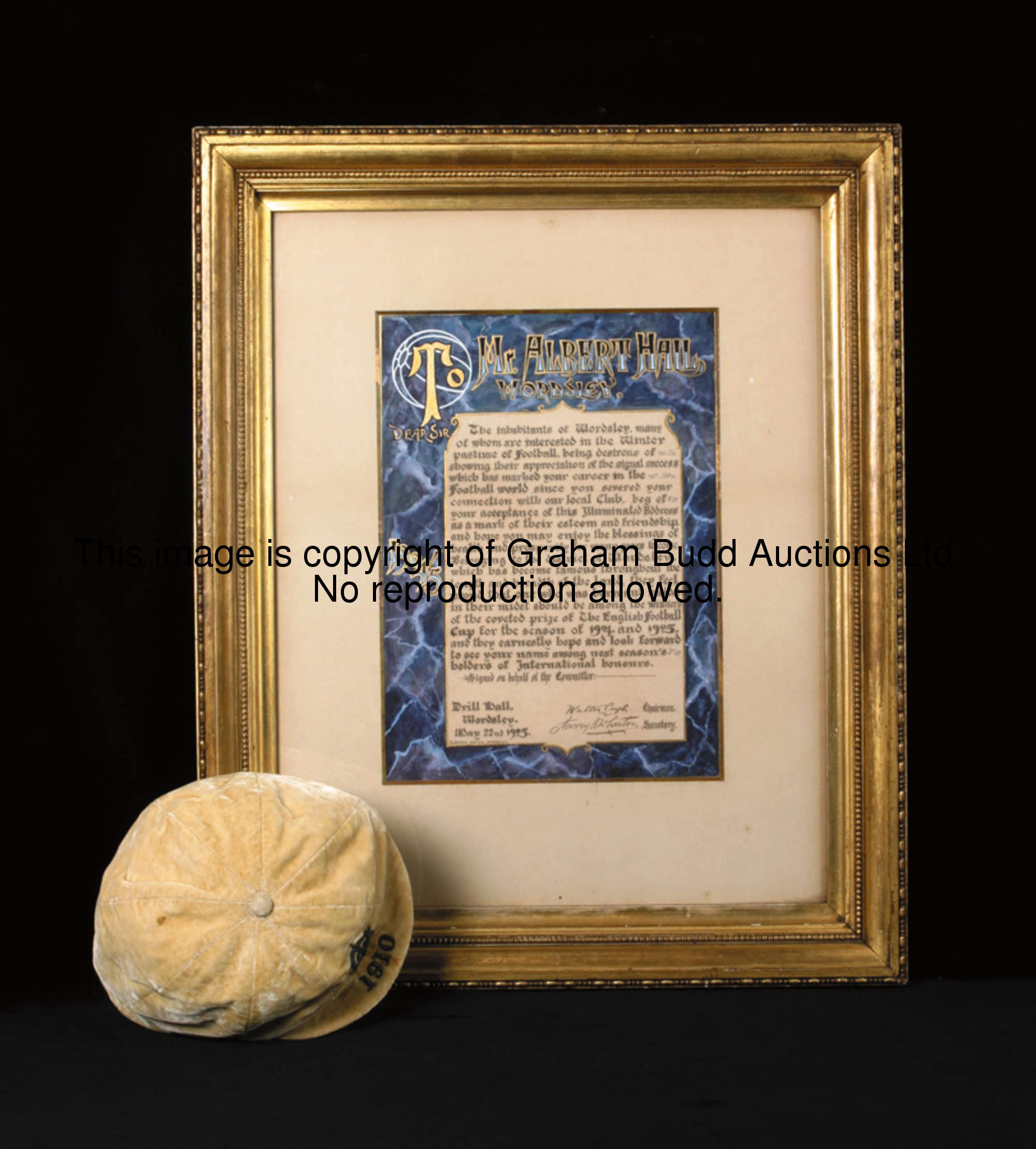 A white England v Ireland international cap 1910, sold with a related illuminated address presented ...