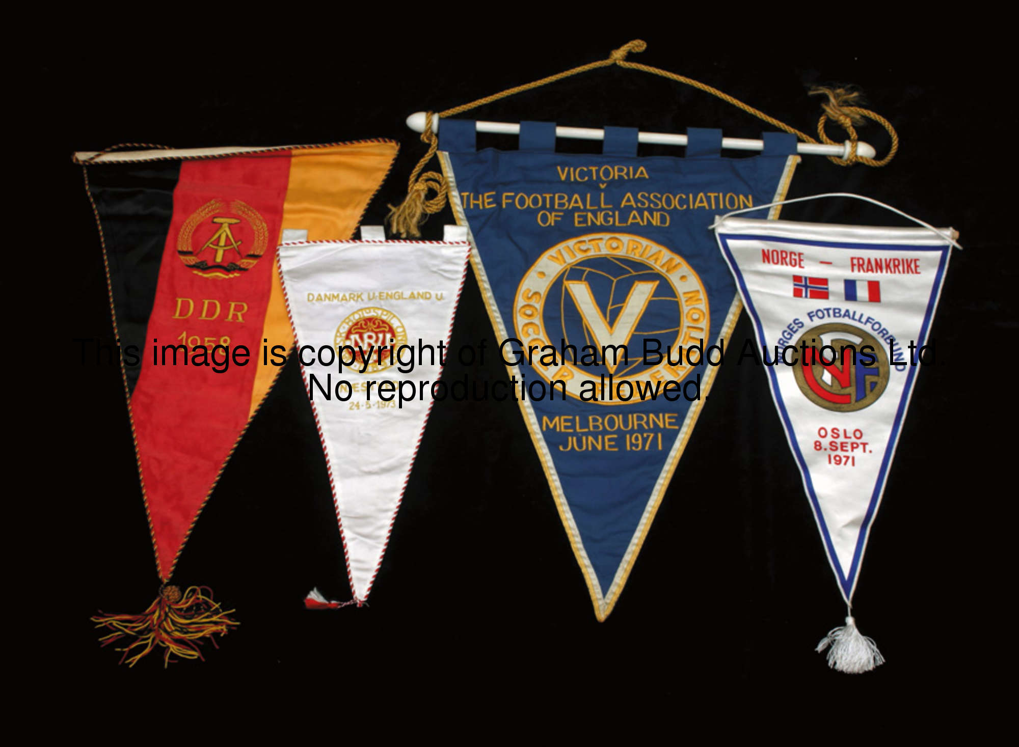 Four official international match pennants, i) in embroidered silk, inscribed DDR 1958 [v England, U...