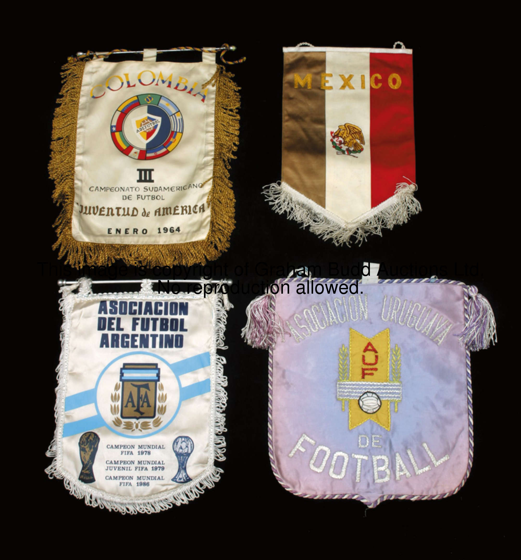Four official South American football pennants, i) in embroidered satin, inscribed ASOCIACION URUGUA...