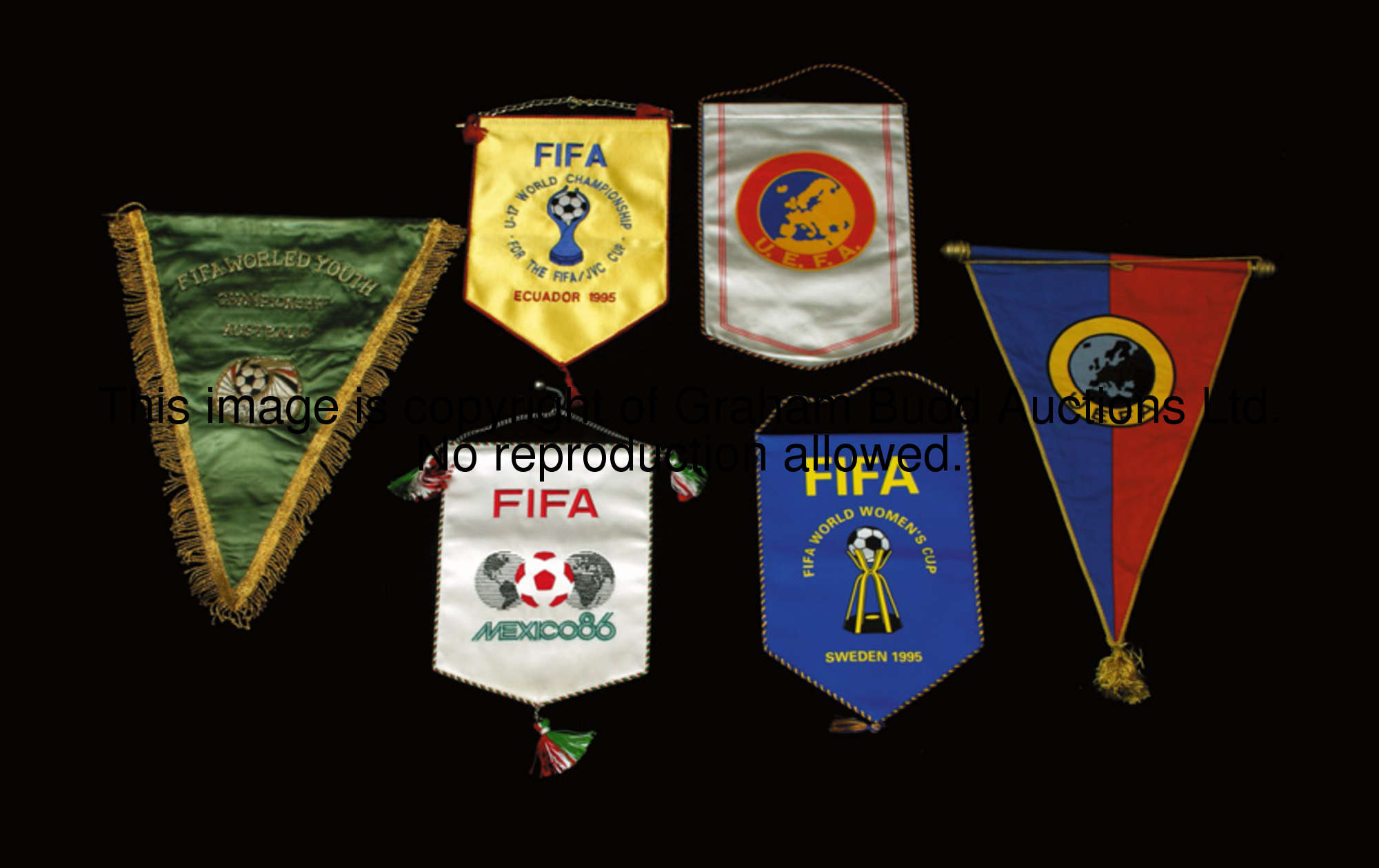 A group of Six FIFA/UEFA official pennants, i) in embroidered satin, inscribed FIFA MEXICO '86; FIFA...