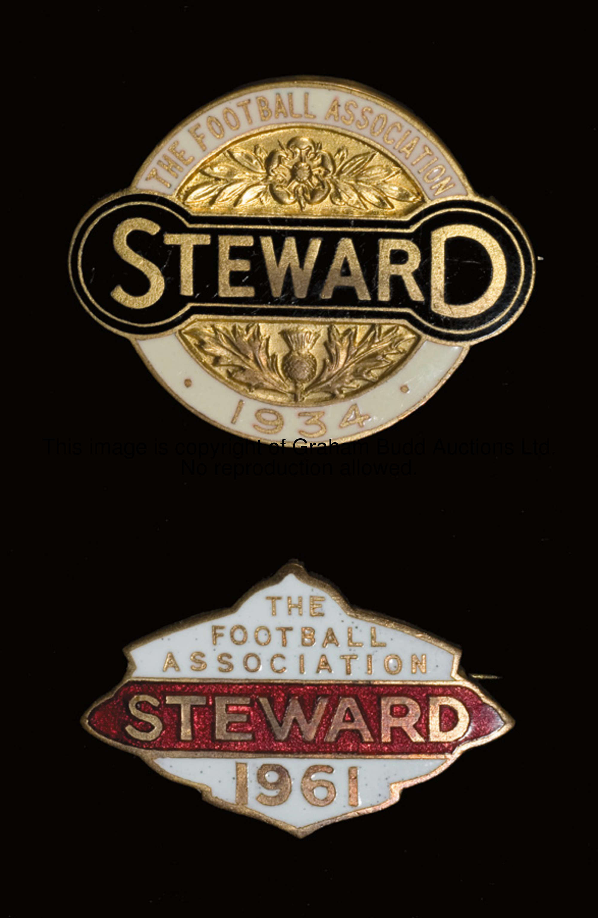 Two gilt-metal & enamel F.A. Cup final steward's badges, for 1934 & 1961