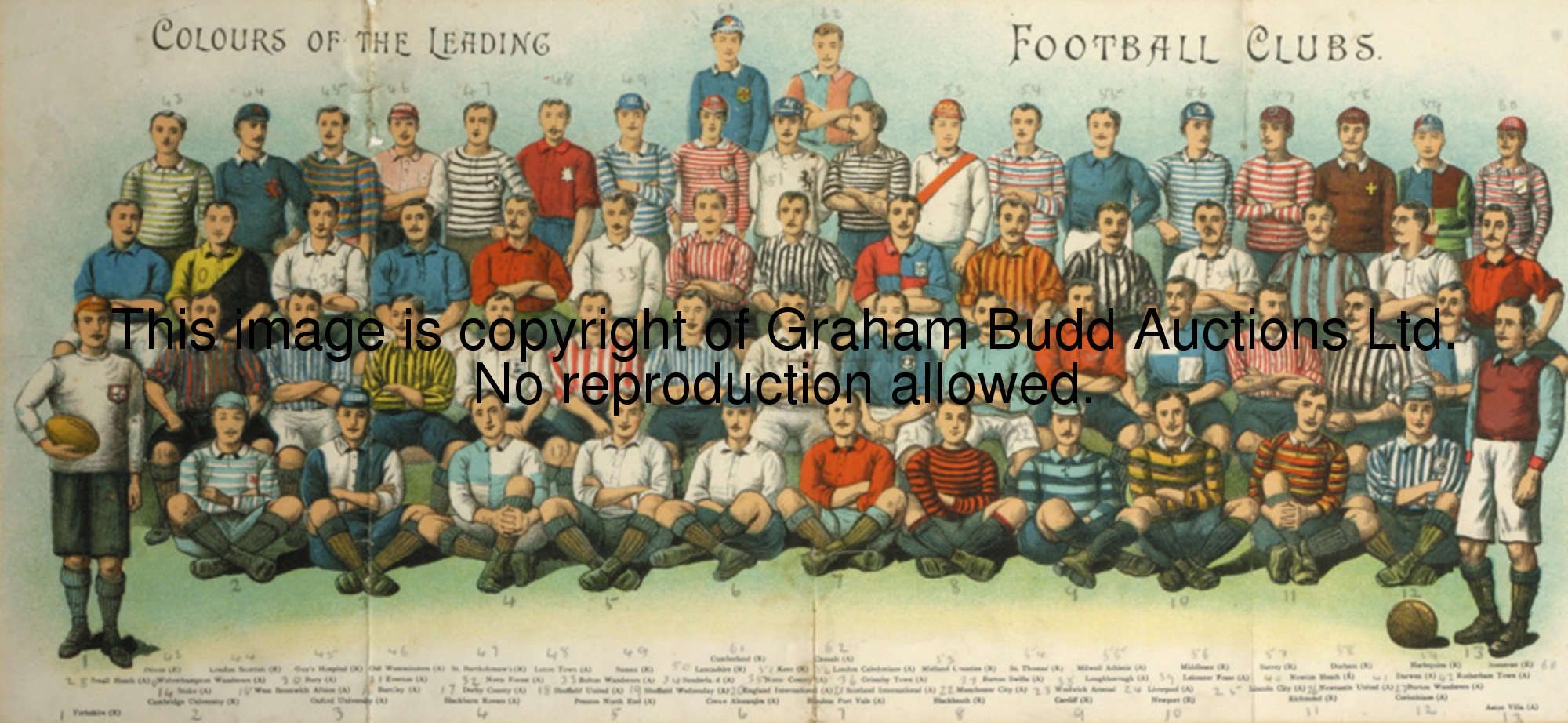 A Victorian lithograph titled Colours of the Leading Football Clubs, published circa 1880, with key ...