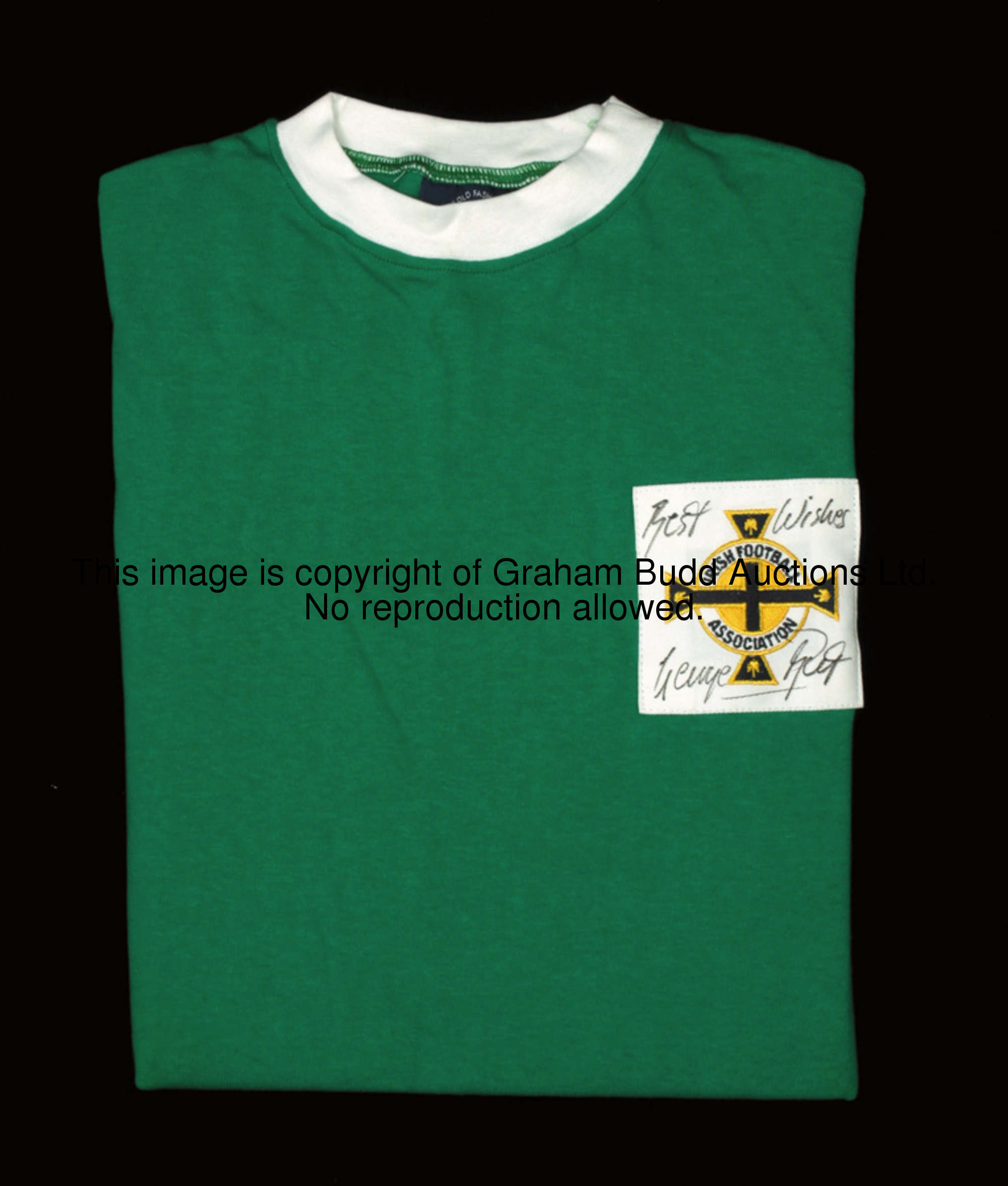 A green TOFFS retro Northern Ireland international jersey signed by George Best, the IFA cloth badge...