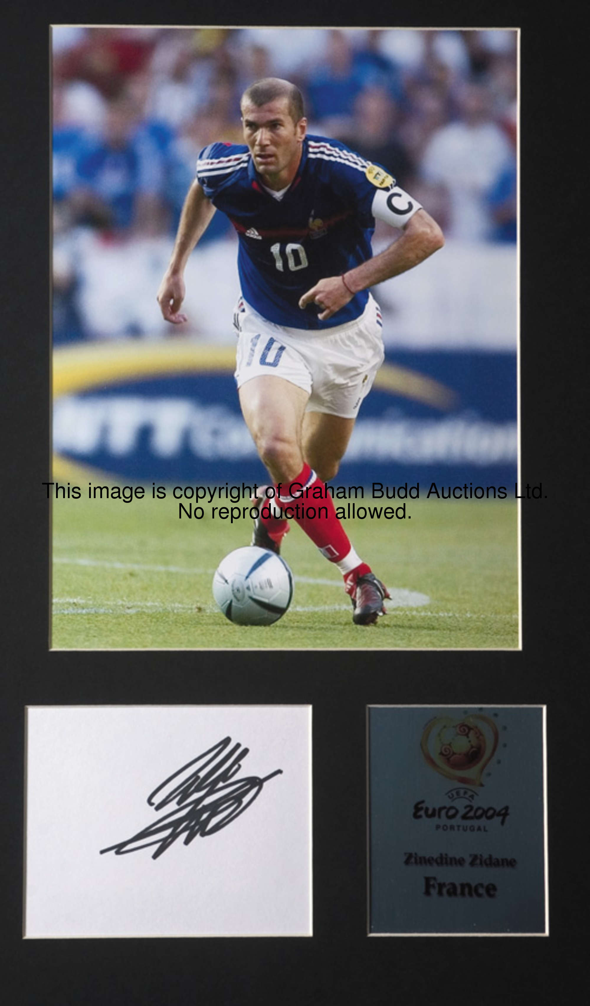 Autographed Real Madrid memorabilia, a colour action photograph of Zinedine Zidane at Euro 2004, mou...