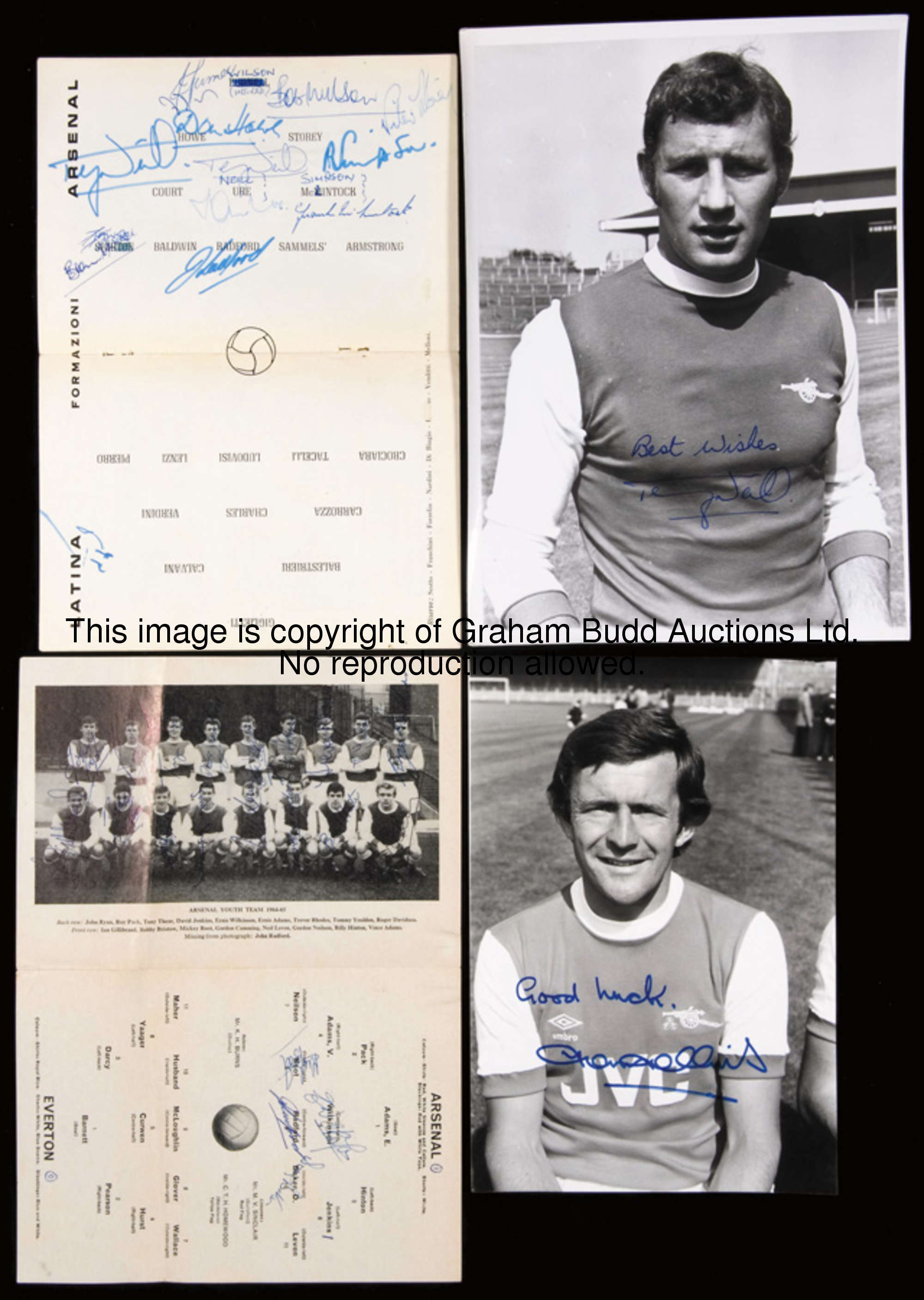 Signed Arsenal photographs & programmes, including signed b&w press photos of Hollins, Storey, Neill...