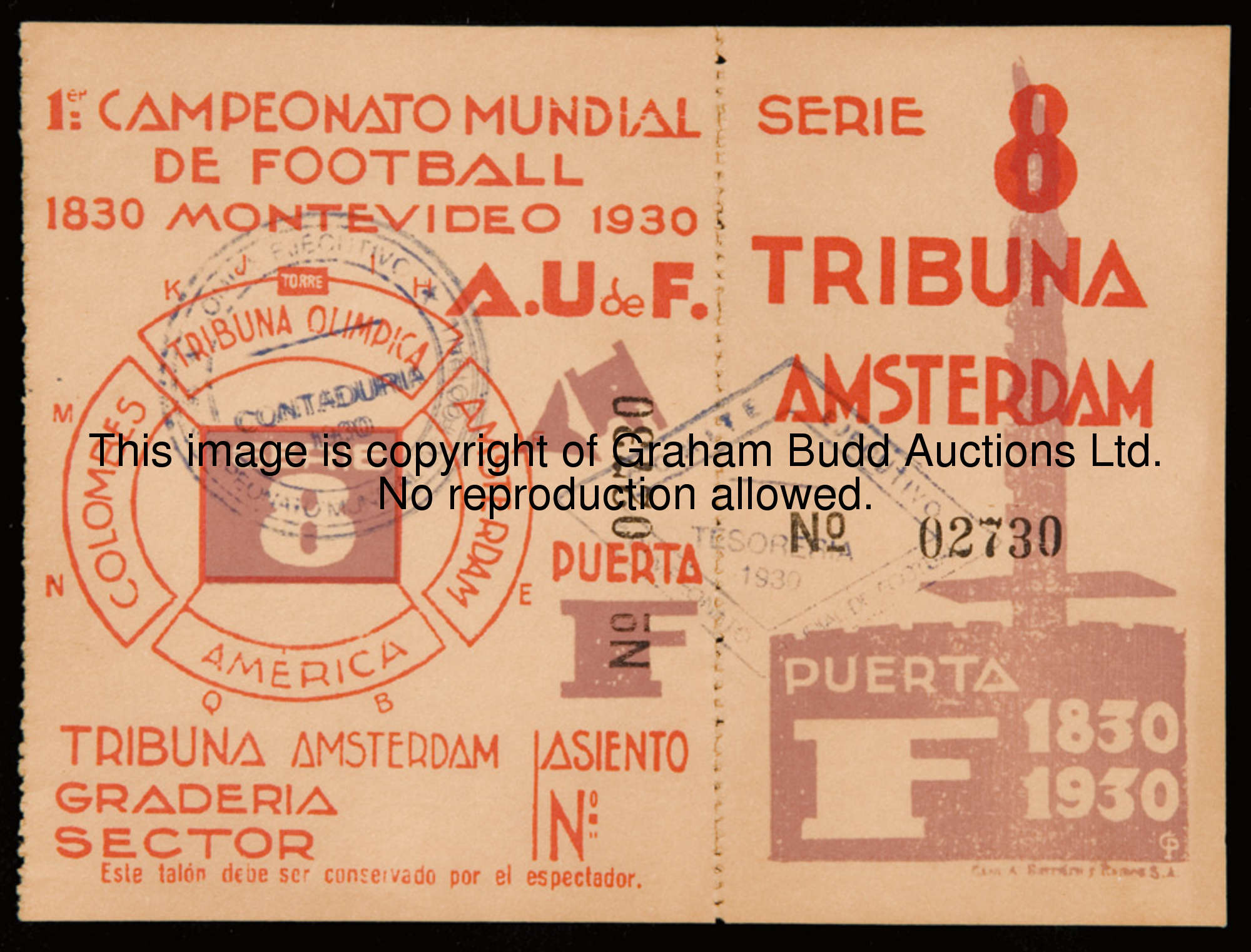 An unused 1930 World Cup final ticket, Serie 8, Uruguay v Argentina, played at the Centenary Stadium...