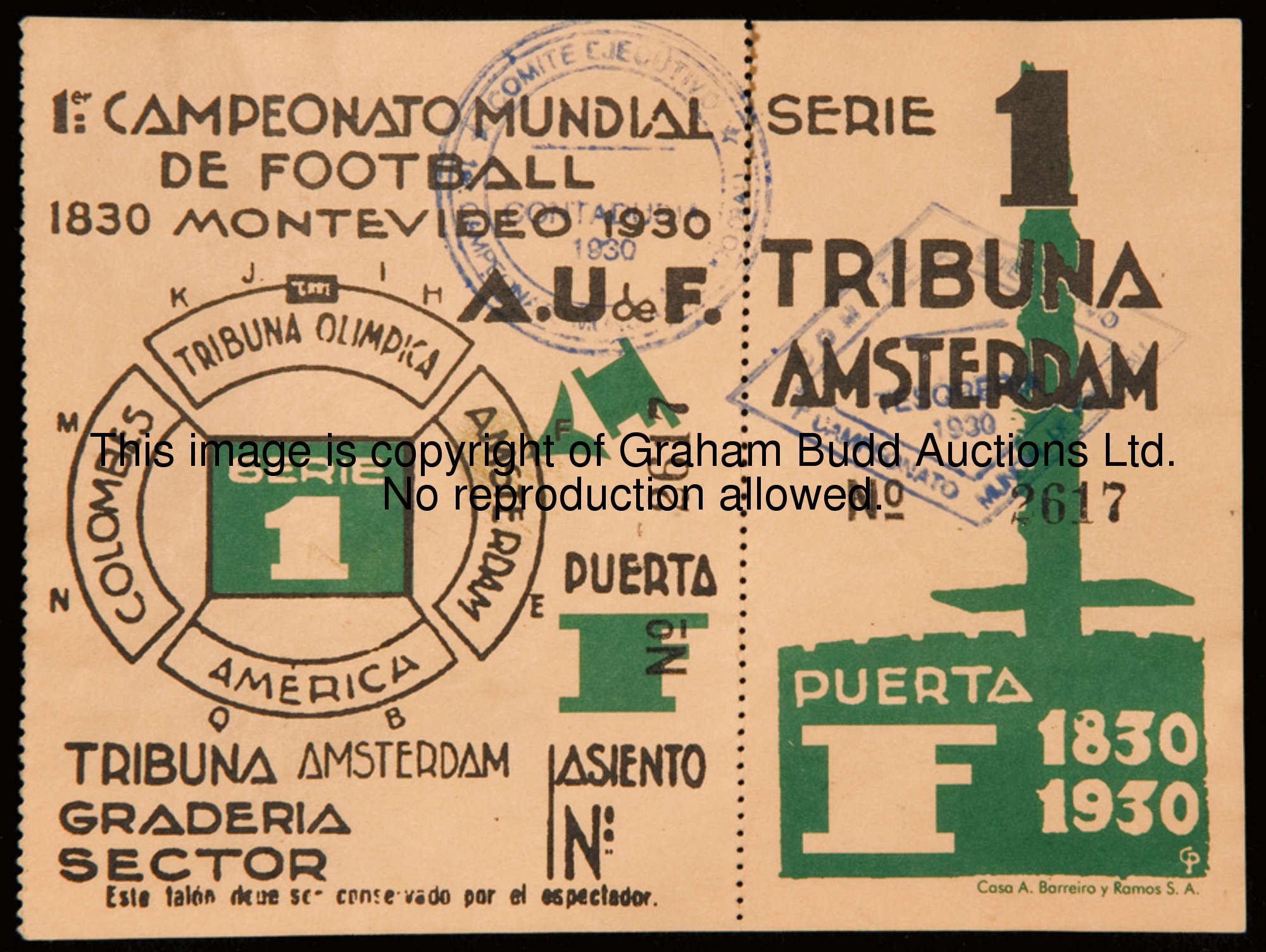 An unused Serie 1 ticket for the 1930 World Cup, for the Group 3 match between Uruguay & Peru, the f...