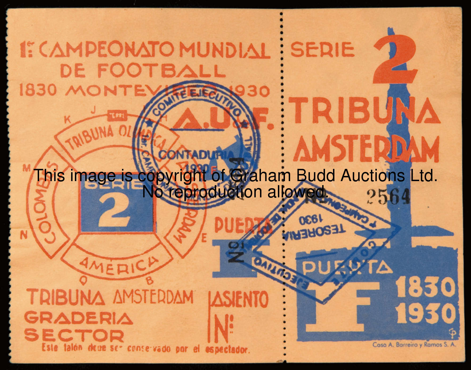 An unused Serie 2 ticket for the 1930 World Cup, issued for admittance to the two Group 1 matches pl...