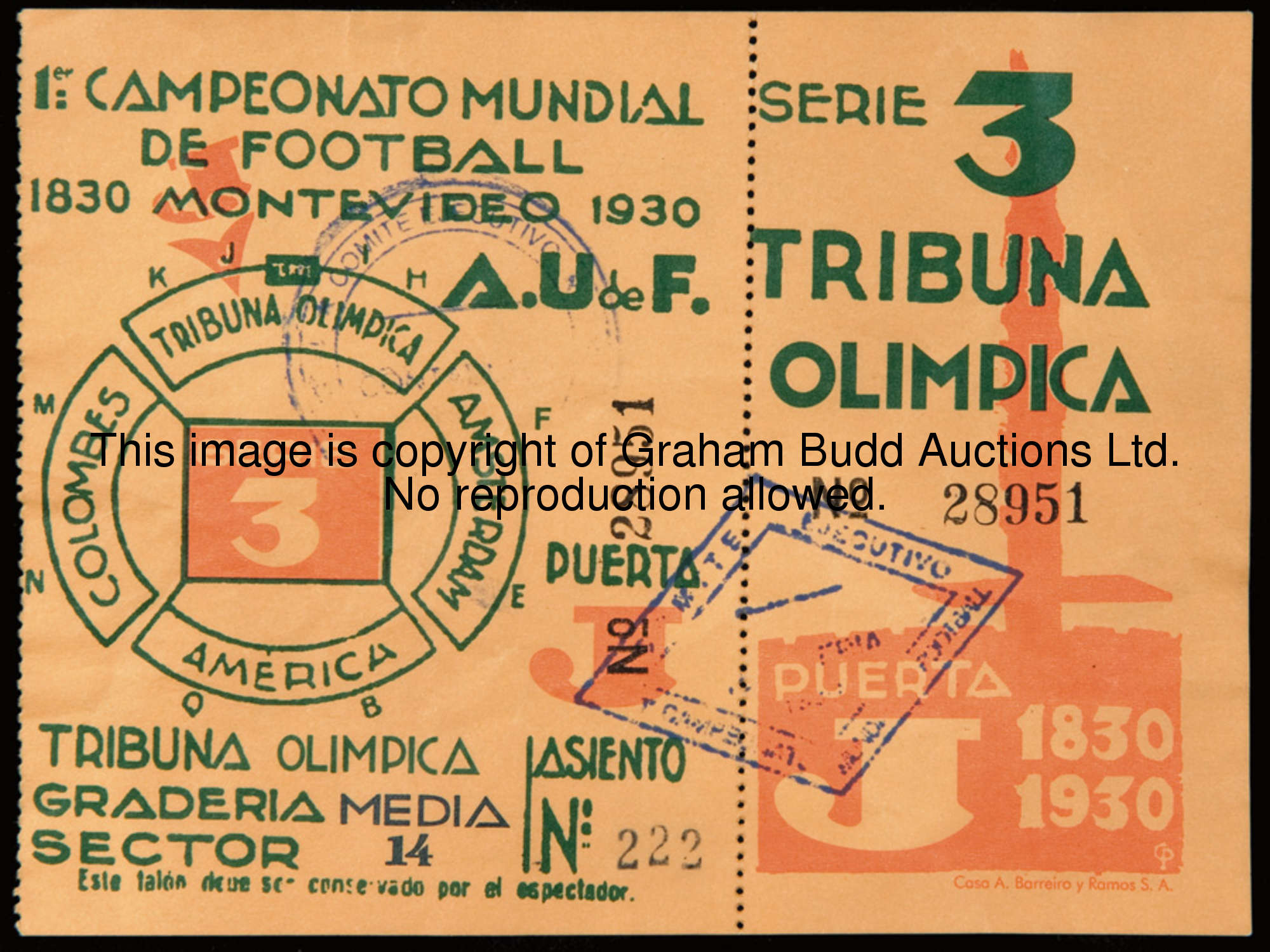 An unused Serie 3 ticket for the 1930 World Cup, issued for joint admittance to the Group 2 Brazil v...