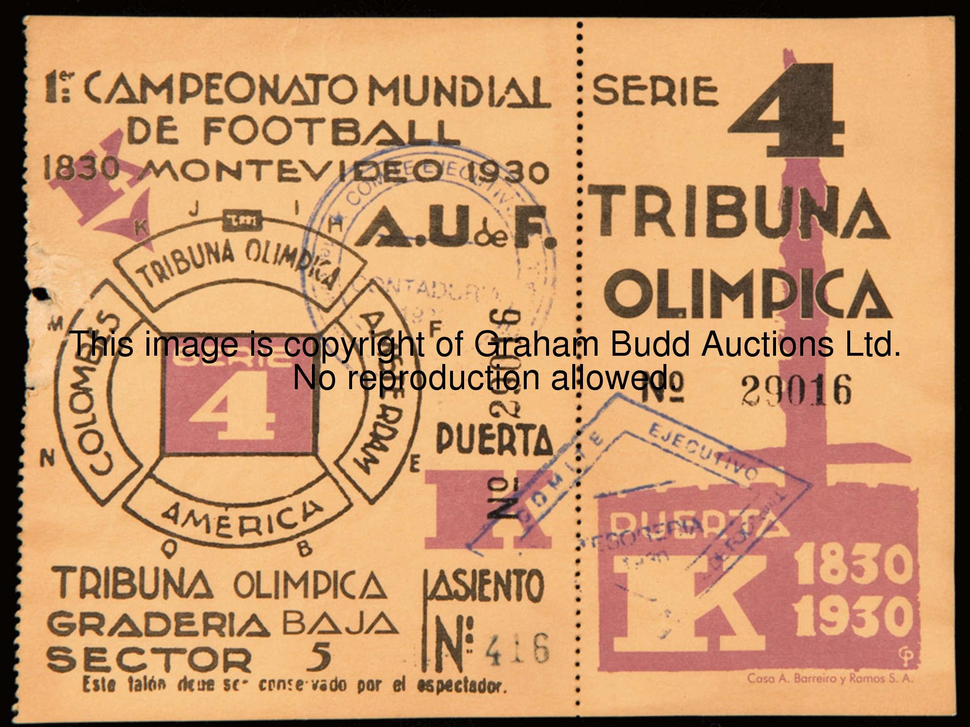 An unused Serie 4 ticket for the 1930 World Cup, issued for the Group 3 Uruguay v Romania match play...