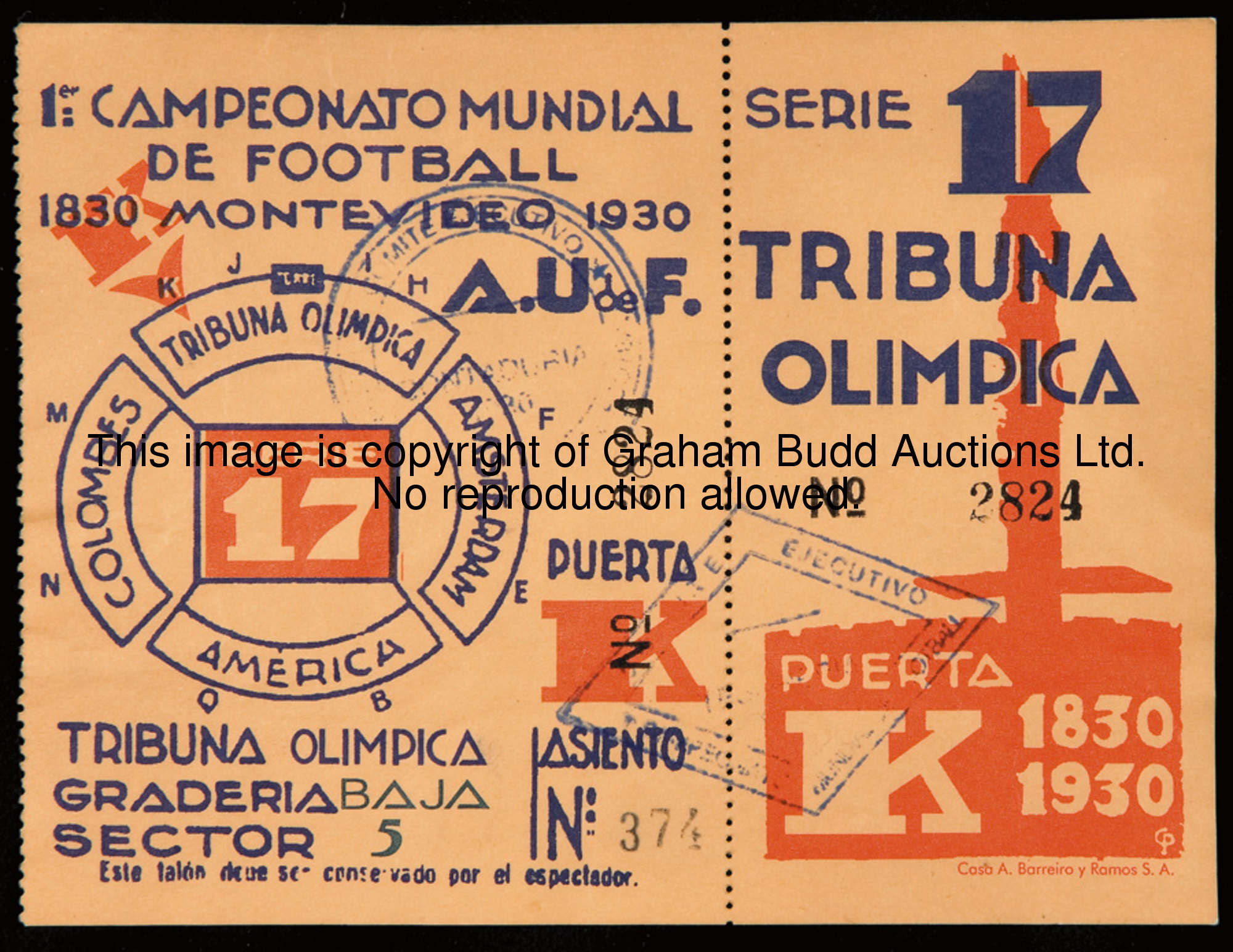 A curious unused Serie 17 ticket for the 1930 World Cup, issued for the Centenary Stadium, Montevide...