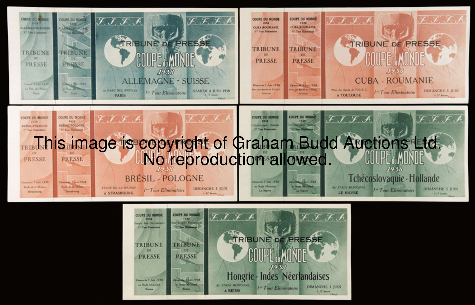 Five unused 'Tribune de Presse' tickets for 1938 World Cup 1st Round matches, comprising the opening...