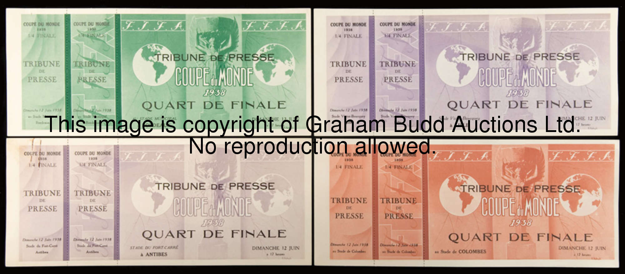 A set of four unused 'Tribune de Presse' tickets for 1938 World Cup quarter-finals, all played on 12...