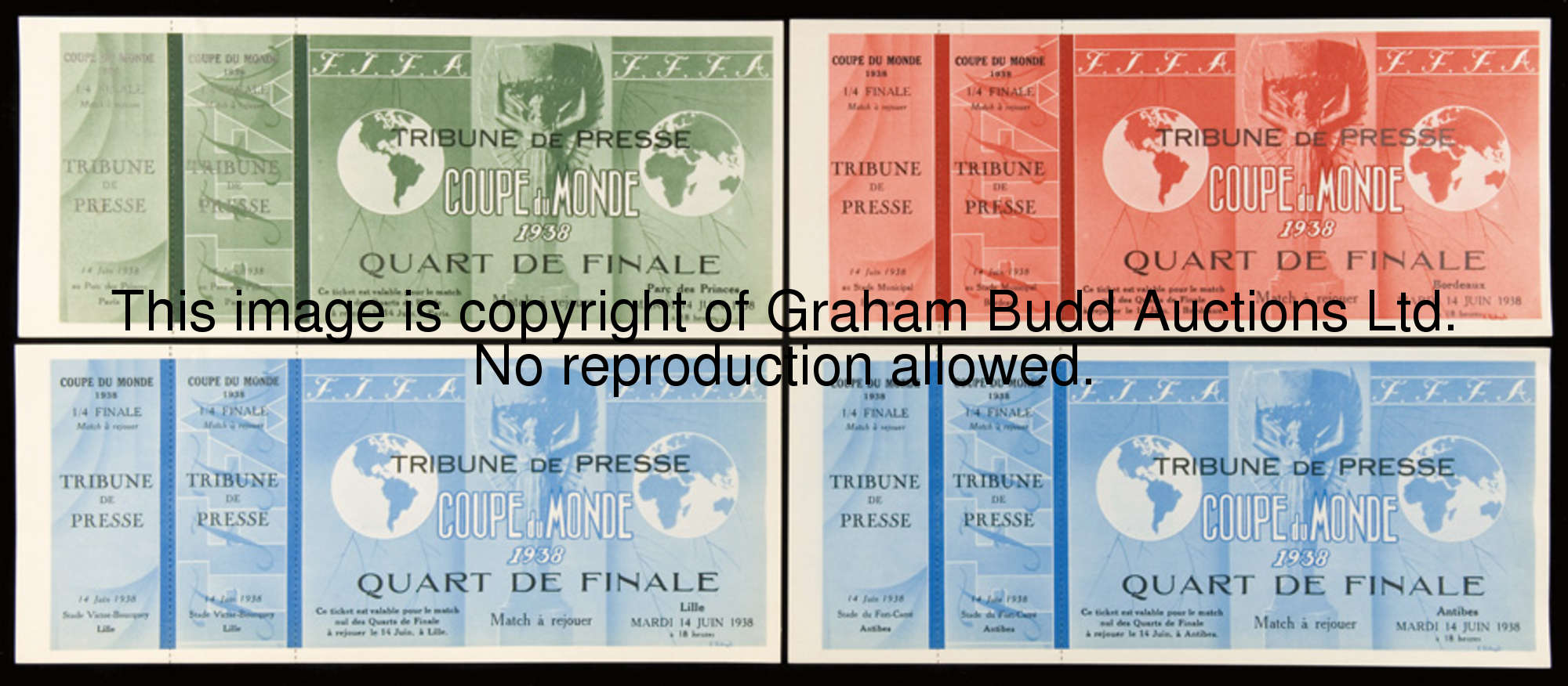 A set of four unused 'Tribune de Presse' tickets printed in anticipation of quarter-final replays at...