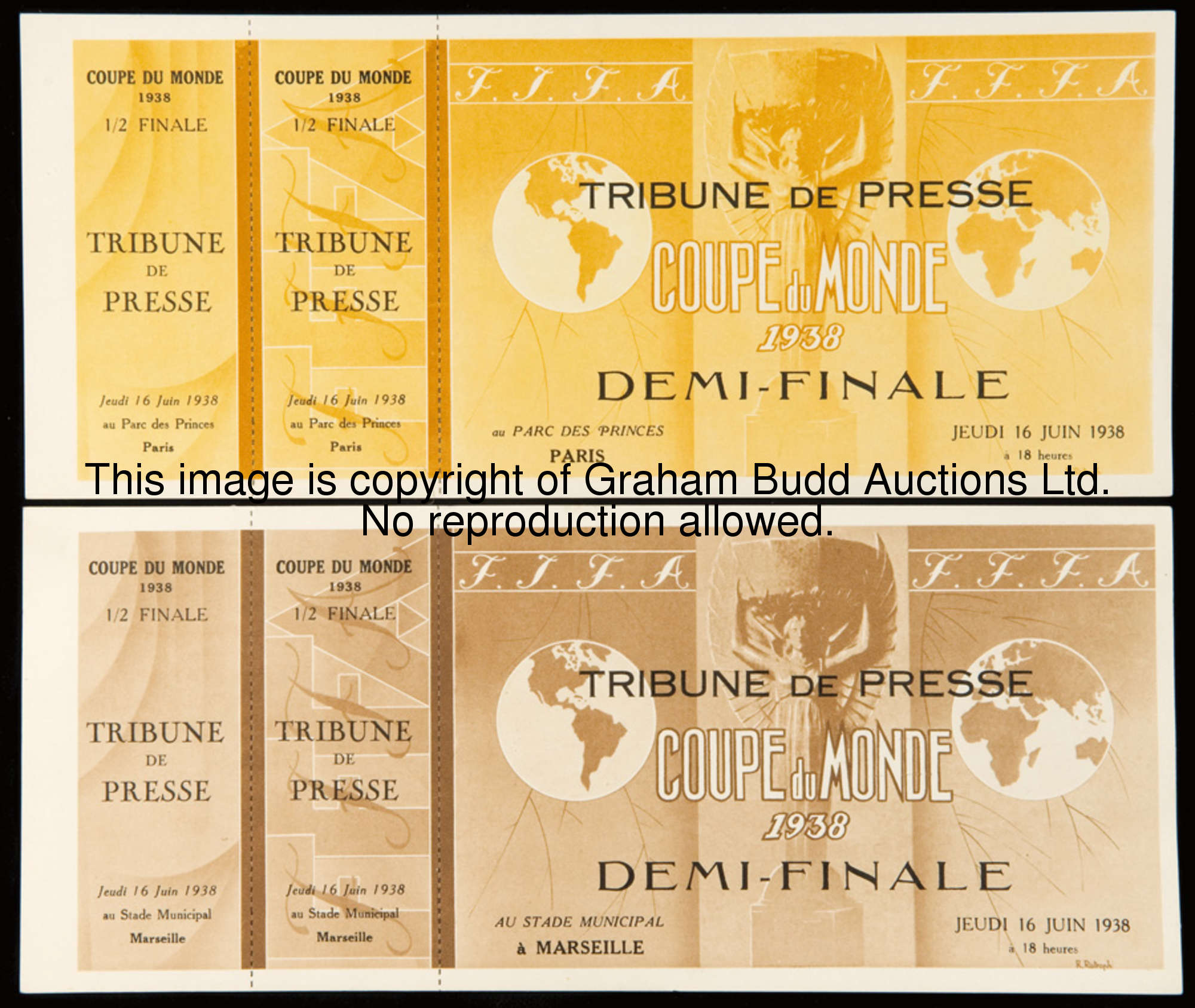 A pair of unused 'Tribune de Presse' tickets for 1938 World Cup semi-finals, both played on 16th Jun...