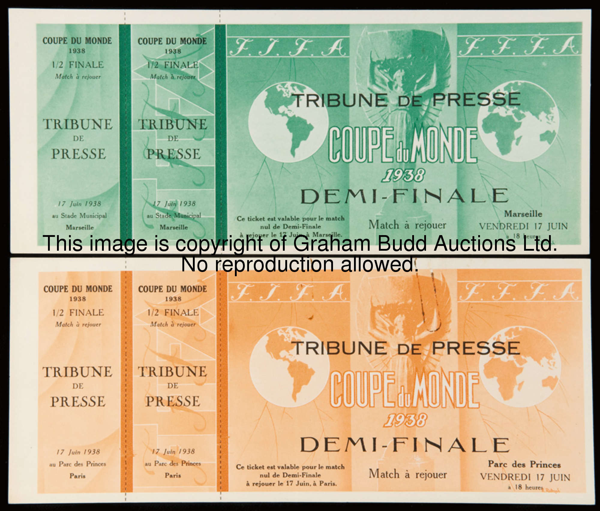 A pair of unused 'Tribune de Presse' tickets printed in anticipation of semi-final replays at the 19...