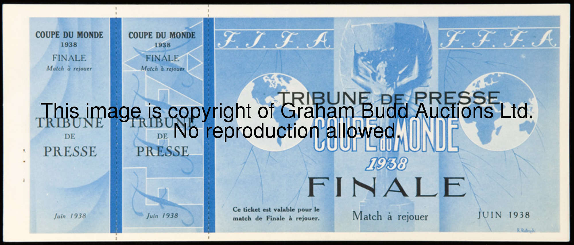 An unused 'Tribune de Presse' ticket printed in anticipation of a 1938 World Cup final replay, not r...