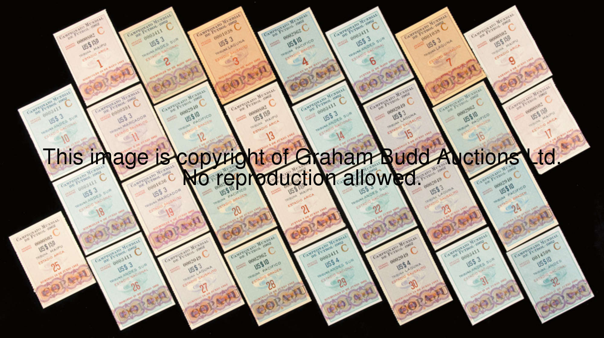 A very-near complete collection of 1962 World Cup ticket stubs, 31 of 32 tickets, lacking just issue...