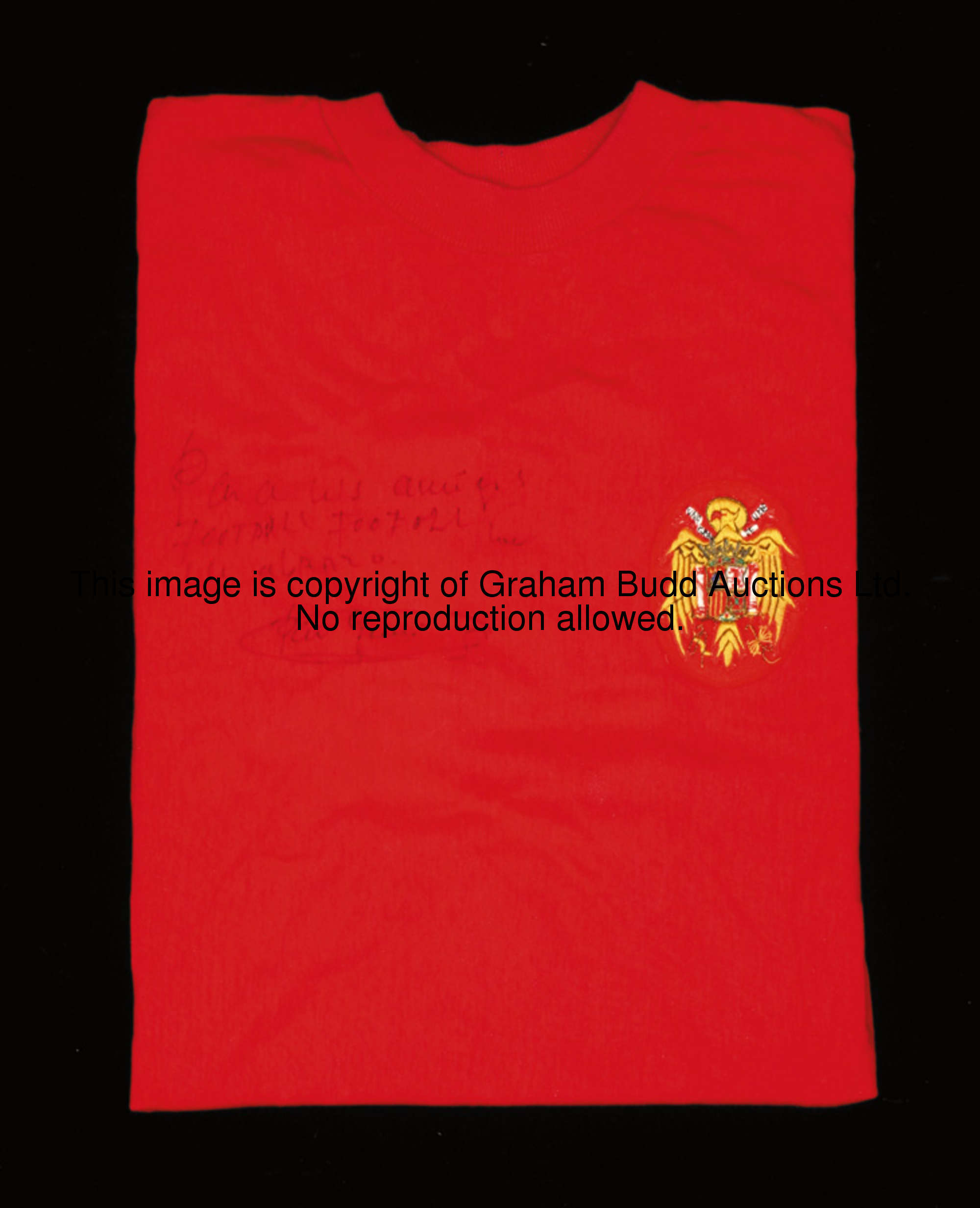 Francisco Gento: a signed red Spain No.11 1966 World Cup jersey, long-sleeved, crew-neck collar and ...