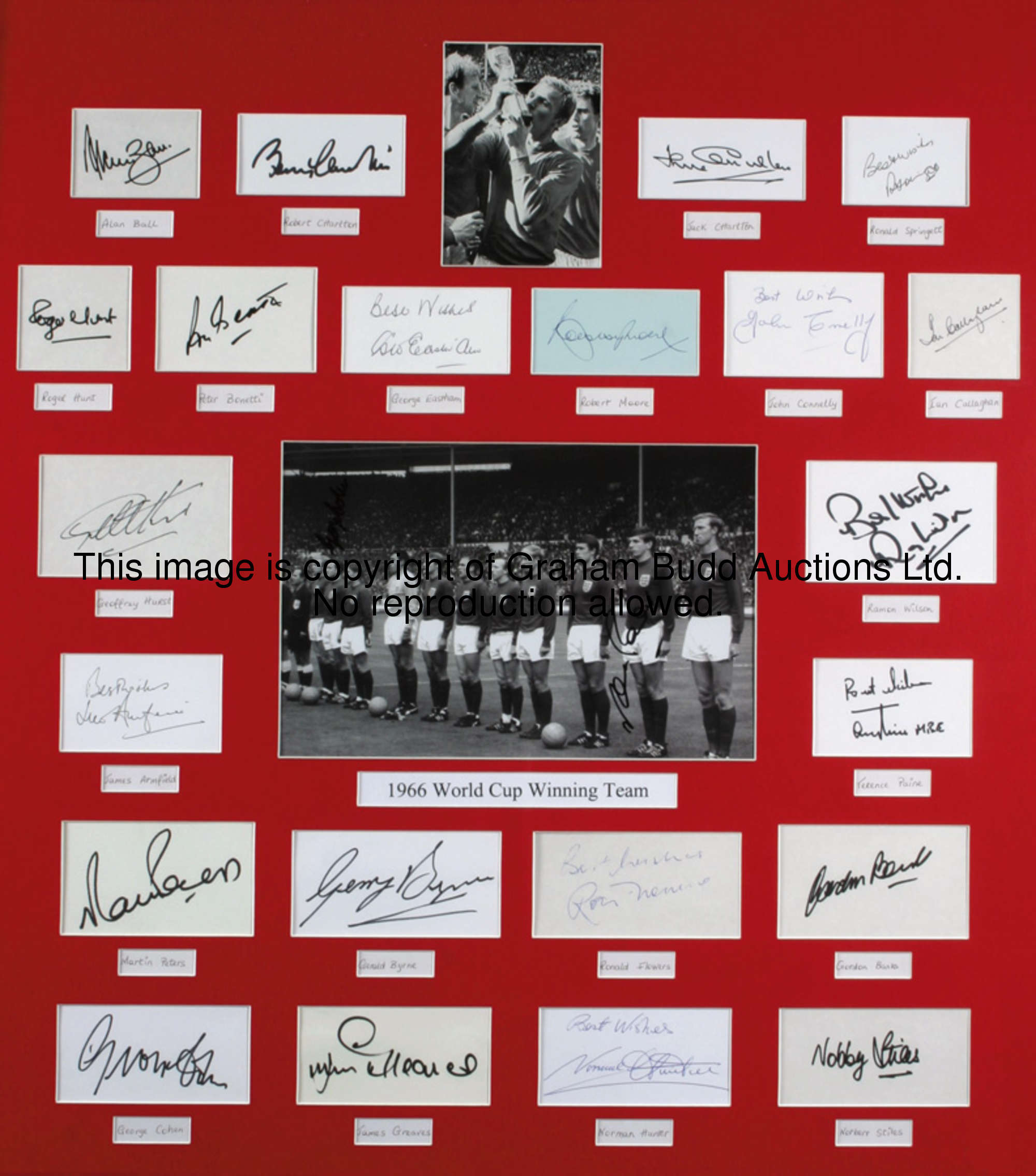 A 1966 World Cup display fully-signed by the 22-man England squad, comprising a central b&w photogra...