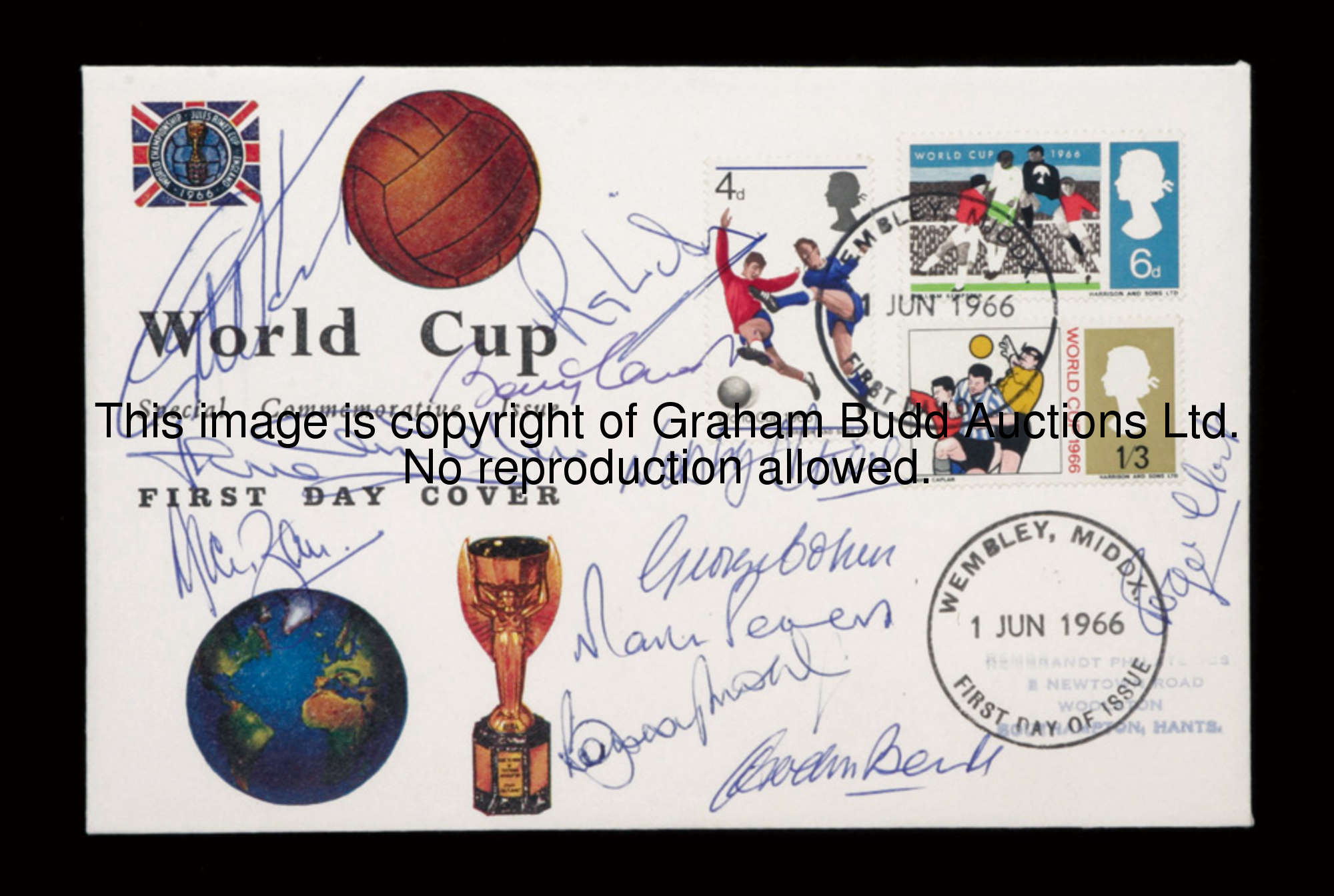 A 1966 World Cup first day cover fully-signed by the eleven England World Cup finalists, signed in b...