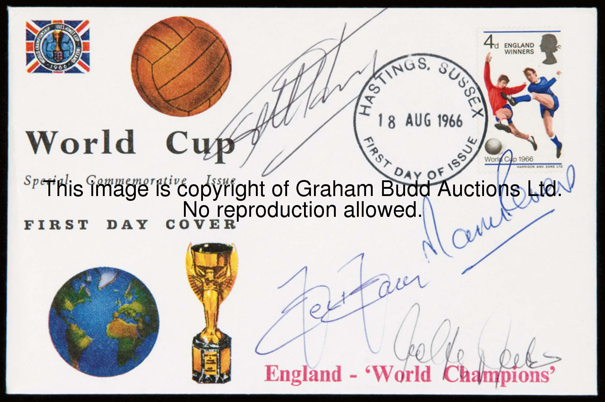 A 1966 World Cup first day cover signed by the four goalscorers, signed in blue & black pen by Sir G...