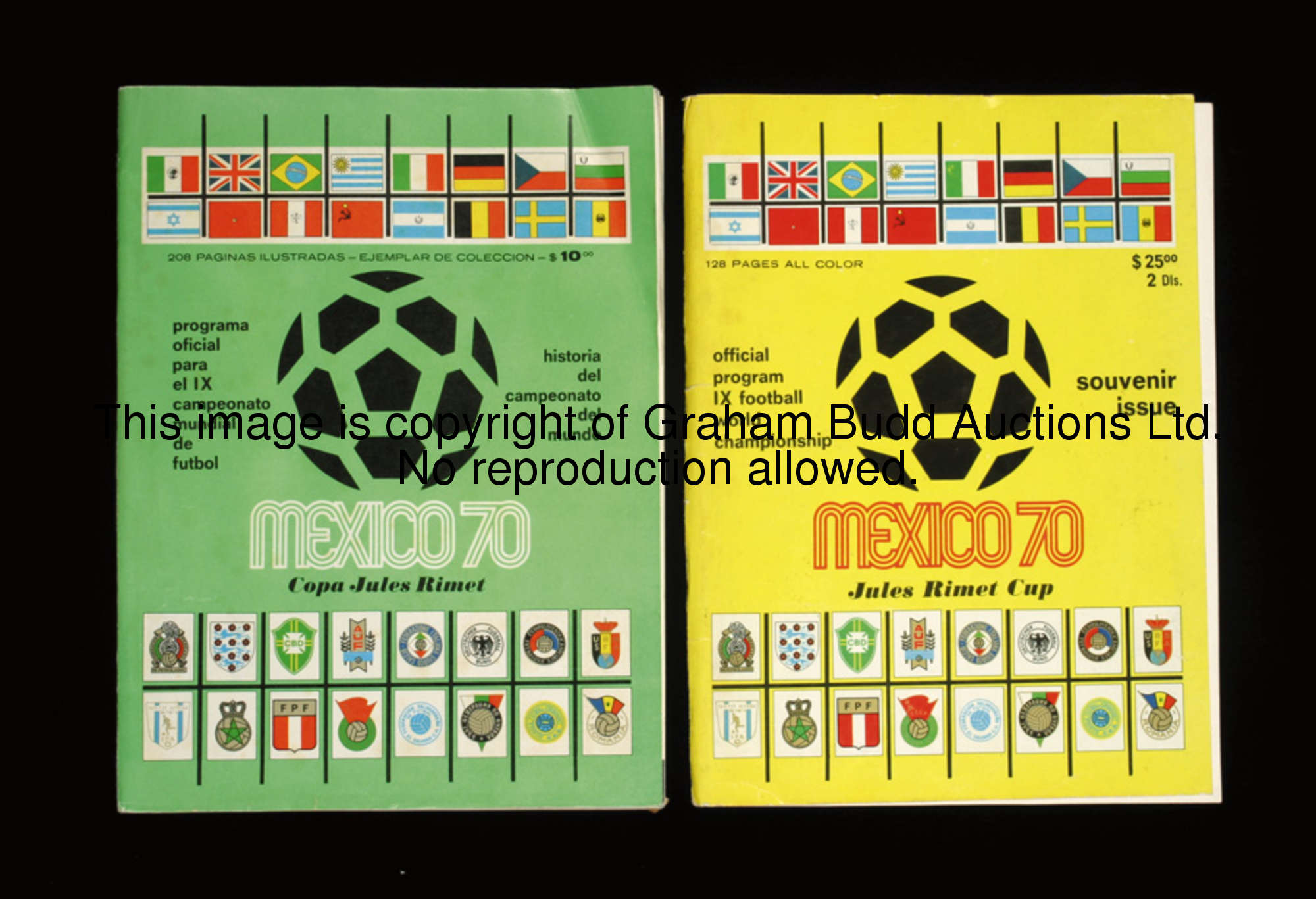 Two 1970 World Cup programmes, the green covered 208-pager and the yellow covered 128-pager